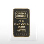 A Credit Suisse five gram fine gold ingot, numbered 905148.