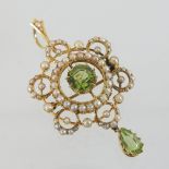 A late 19th century 15 carat gold, peridot and seed pearl pendant,