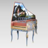 A decorative hand painted late 20th century harpsichord, decorated with extensive landscape scenes,