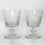 A pair of 19th century glass rummers, each engraved with a landscape with boats,