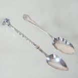 A French silver apothecary spoon, with a foliate stem and textured flattened terminal, 18cm long,