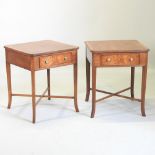 A pair of hand-made walnut occasional tables, each containing a single drawer,