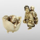 A 19th century Japanese carved ivory netsuke, of a man seated in a giant peach, signed, 3.