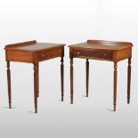 A pair of hand-made burr walnut and crossbanded side tables, each containing a single drawer,