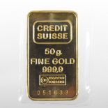 A credit Suisse fifty gram fine gold ingot, inscribed Essayeur Fondeur and numbered 051633,