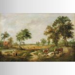 English School, (late 19th century), landscape with watermill, figures, cattle and sheep,