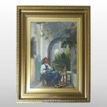 G Banks, (early 20th century), lady in a courtyard, signed, oil on canvas,