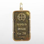 A Bank of Switzerland Union twenty gram gold ingot, numbered 14851,