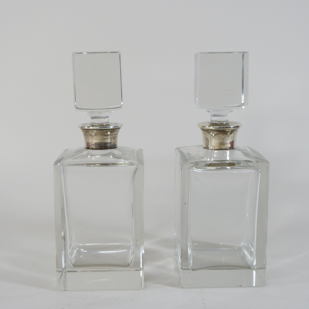 A pair of modern silver mounted glass decanters and stoppers, each of plain square shape, - Image 4 of 8