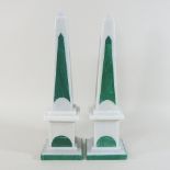 A pair of Italian white marble and green malachite obelisks,
