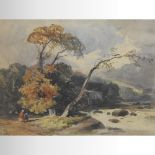 Attributed to John West, (fl1800-1830), mountain stream with figures, watercolour,