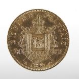 A Napoleon III gold twenty franc coin,