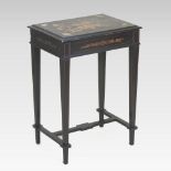 A 19th century continental ebonised and floral marquetry ladies work table, with a hinged lid,