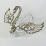 A silver mounted crystal bon-bon dish, in the form of a swan, 1973,