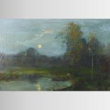 Continental School, (19th century), moonlight river landscape, with a figure paddling,
