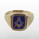 A 9 carat gold and enamelled Masonic ring,