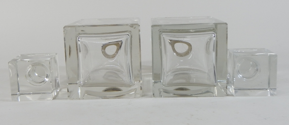 A pair of modern silver mounted glass decanters and stoppers, each of plain square shape, - Image 3 of 8