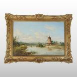 Continental School, (20th century), river landscape with windmill, oil on board,