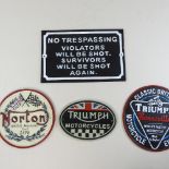 A No Trespassing sign, 32cm, together with a cast Triumph plaque, a large Triumph Bonneville sign,