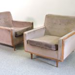 A pair of 1970's brown upholstered button back armchairs