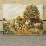 English School, 19th century, village landscape with a wagon, 38 x 51cm,