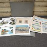 A folio of Japanese watercolours on silk and unframed prints