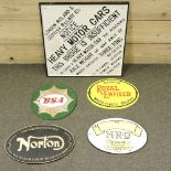 A black and gold Norton metal sign, together with a Royal Enfield sign, a green BSA sign,
