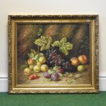 Tom Caspers, still life of fruit in a hedgerow, signed, oil on canvas, laid on board,