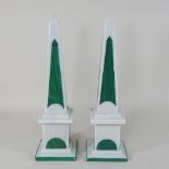 A pair of continental malachite and white marble obelisks,
