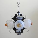 A mid 20th century metal ceiling light, with opaque glass shades,