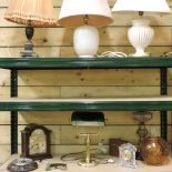 A brass desk lamp, 37cm high, together with three table lamps, an oil lamp,