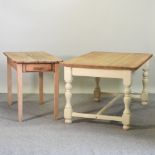 A painted and pine kitchen table, 151 x 91cm,