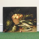 Autemin, 20th century, fruit and vegetable on a table, signed oil on board, 465 x 60cm,
