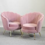 A pair of new pink upholstered shell shaped armchairs