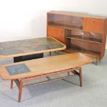 A 1970's teak glazed bookcase, together with a tile top coffee table, 128 x 77cm,