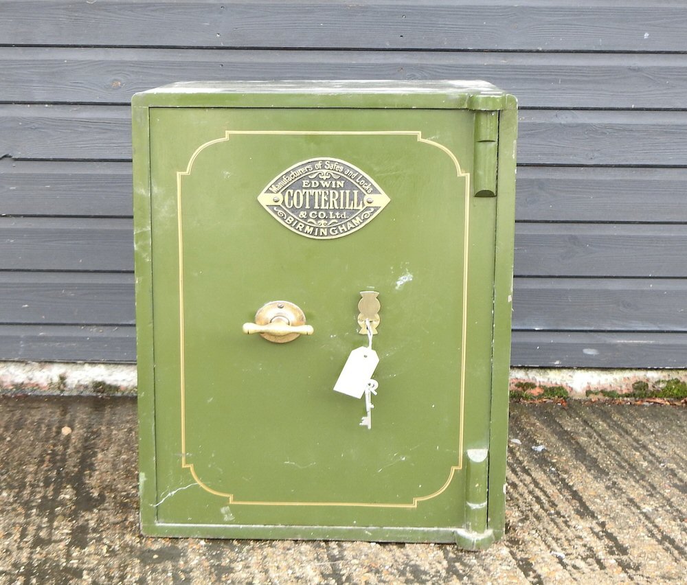 A 19th century green metal safe, 45cm, with key, - Image 2 of 2