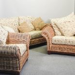 A wicker and hardwood conservatory suite, comprising a sofa, 175cm,