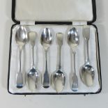 A harlequin set of six 19th century silver fiddle pattern London coffee spoons,