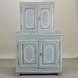 An early 20th century continental blue painted pine side cabinet,