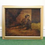 G Morland, 19th century, a young boy seated on steps, signed oil on board,