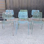 A set of six green and blue painted industrial metal chairs