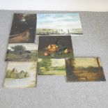 A collection of 19th century and later oils on canvas, unframed,