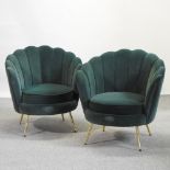 A pair of new green velvet upholstered shell shaped armchairs