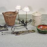 A wicker log basket, 50cm, together with a pair of Edwardian brass table lamps,
