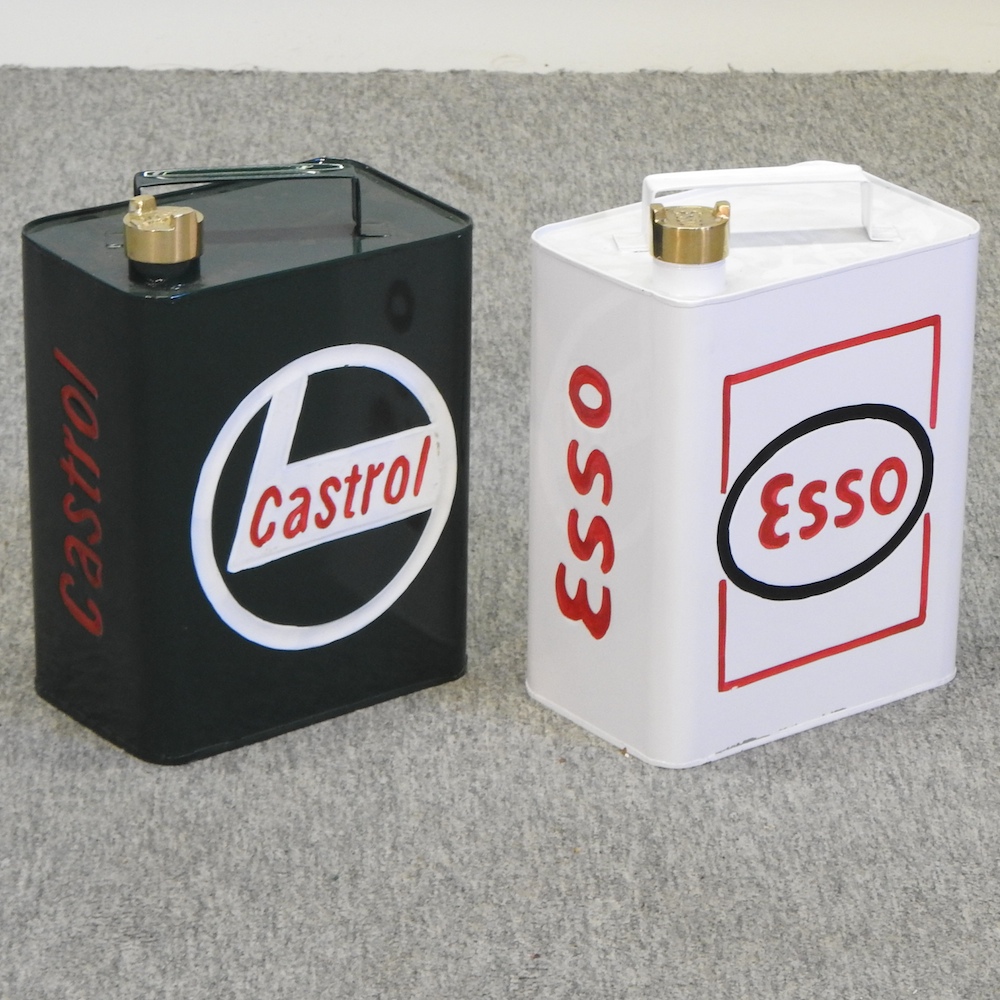 A vintage style Castrol petrol can, together with a Esso petrol can,