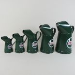 Five modern green painted metal Castrol oil cans,