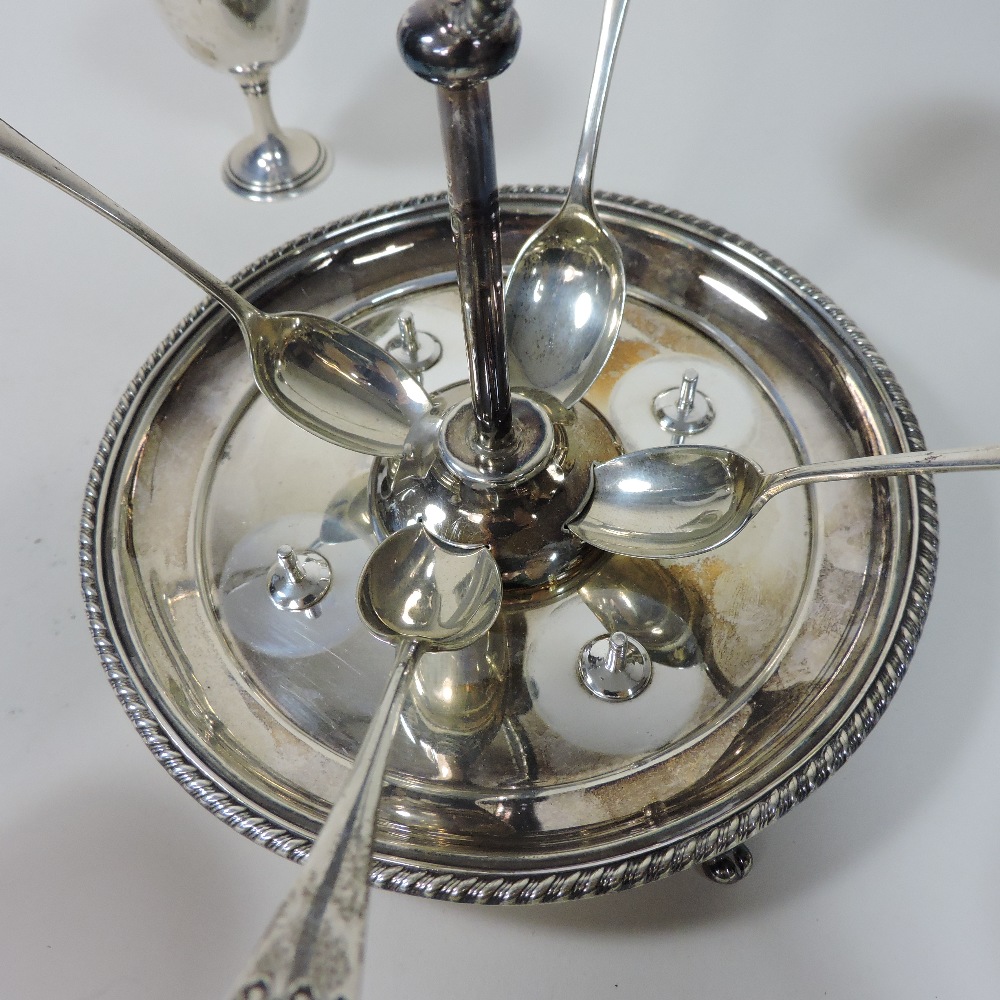 A Victorian silver egg cruet, of circular shape, fitted with four egg cups and four silver spoons, - Image 6 of 11