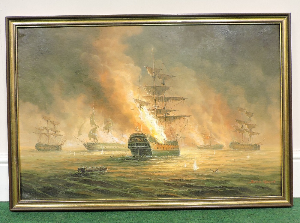 James Hardy, (20th century), battle scene with blazing warships, signed, oil on canvas, - Image 3 of 4