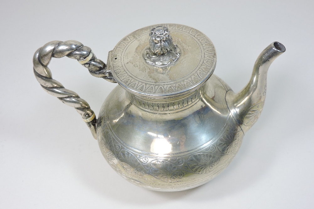 A Victorian silver teapot, of circular baluster form, with a ropetwist handle and hinged lid, - Image 5 of 6