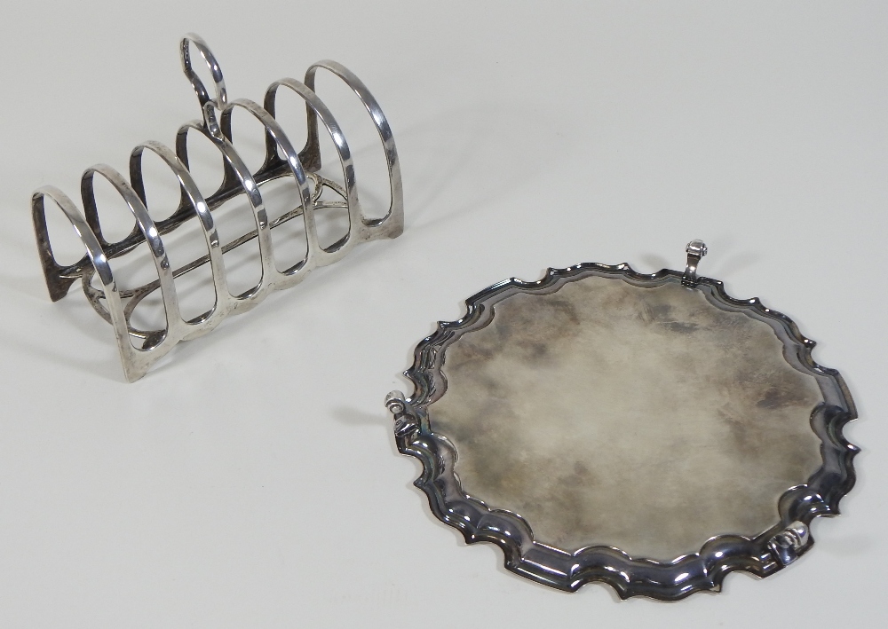 A modern silver waiter, of circular shape, with a piecrust border, on three scrolled feet, - Image 3 of 6